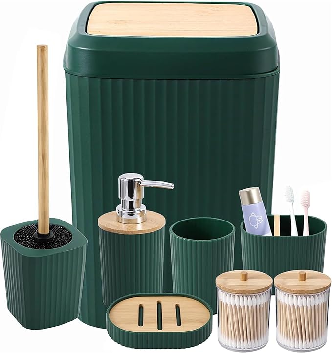 Green Bathroom Accessories Set 8 Pieces Bamboo Bathroom Set with Trash Can, Soap Dispenser, Soap Dish, Toothbrush Holder, Toothbrush Cup, Toilet Brush and Qtip Holders