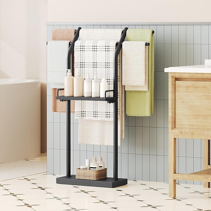 YATINEY Free Standing Towel Rack, Taller Double-T Shape Bath Sheet Holder for Bathroom, Floor Blanket Holder Stand with Weighted Base, 4-Tier Towel Storage Rack, for Living Room, Balcony, Black CJ20BB