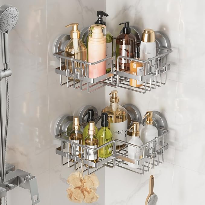 LEVERLOC Corner-adaptive Suction Cup Shower Caddies 2 Pack, Stainless Steel Rustproof Corner Shower Shelf, Large Capacity Removable Suction Cup Bathroom Organizer, Drill-Free Wall Mounted Basket, Gray