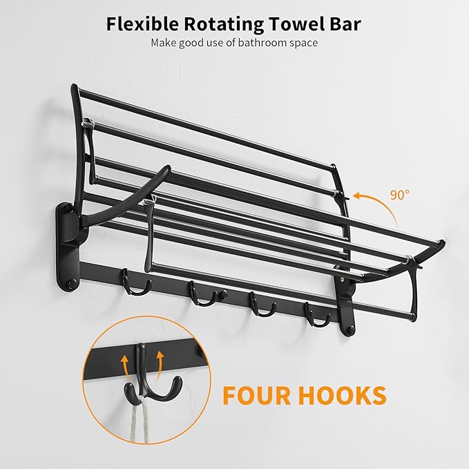 BESy 24 Inch Matte Black Towel Racks, Bathroom Towel Shelf with Foldable Towel Bar Holder and Towel Hooks, Wall Mounted Multifunctional Bathroom Accessories, Double Towel Bars