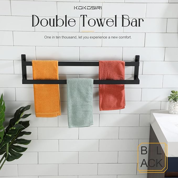 KOKOSIRI Towel Bars Black Bath Towel Holders 32 Inches Bathroom 2-Tiers Ladder Towel Rails Wall Mounted Towels Shelves Rack Stainless Steel, B5008BK-L32