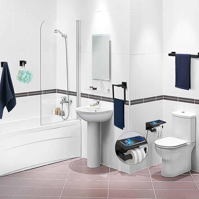 5 Pieces Bathroom Hardware Accessories Set Matte Black, 16Inch Square Towel Racks Set for Bathroom, SUS304 Stainless Steel Towel Bar Set, Toilet Paper Holder with Shelf Wall Mounted