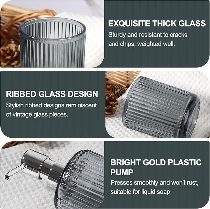 KASUNTING Gray Glass Bathroom Accessories 4 Pcs, Grey Bathroom Set, Soap Dispenser and Toothbrush Holder Set, Qtip Holder Set, Vintage Bathroom Sink Set, Modern Bathroom Decor
