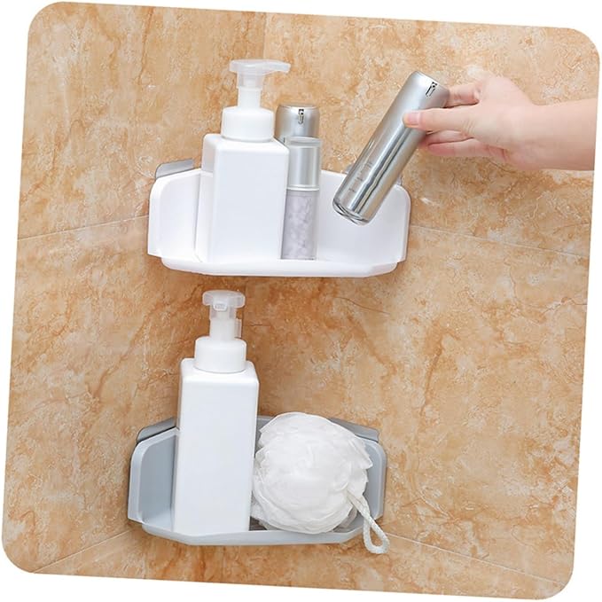 VILLCASE 2sets 2pcs No Punching Triangle Mounted Corner Shelf for Bathroom Kitchen Storage Grey White Durable Plastic Easy Installation Space Saving Design Draining Feature 2pcs*2