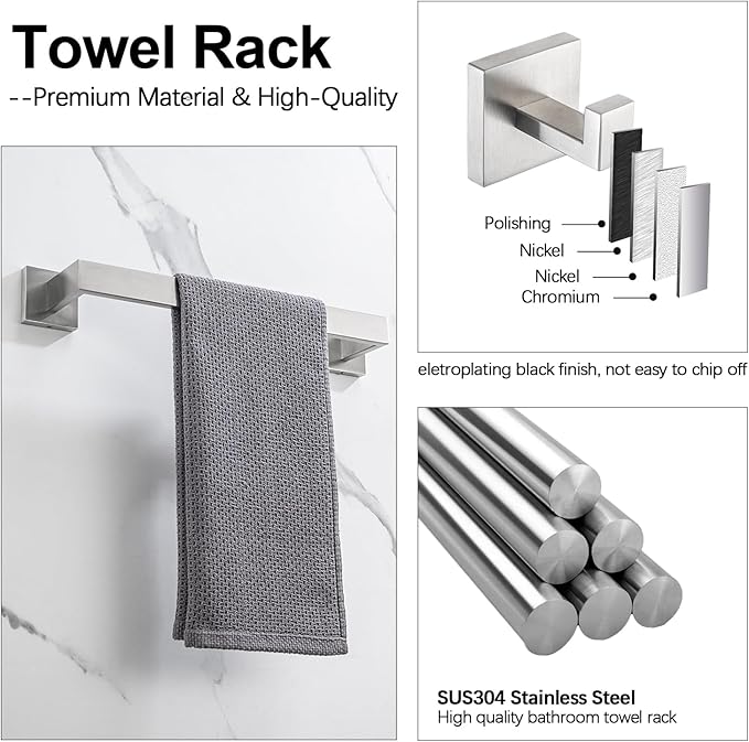 4-Pieces Bathroom Accessories Set, Towel Bar Towel Racks Towel Holder Toilet Paper Holder Stainless Steel Bathroom Hardware Set Wall Mounted Towel Racks for Bathroom, Brushed Nickel, 16 Inch