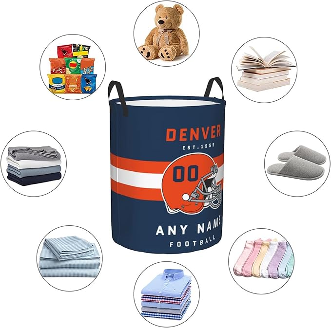 Custom Denver Laundry Hamper - Personalized Football Style Laundry Basket - Customized Name and Number - Dirty Clothes Hamper Waterproof Large Capacity Hamper for Bedroom Bathroom Living Room