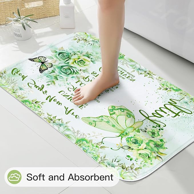 Litabel 4 Pcs Green Butterfly Inspirational Quotes Shower Curtain Set with Rugs and Toilet Lid Cover, Colorful Boho Waterproof Fabric Bathroom Set, Bible Verse Floral Bathroom Decor Set Accessories