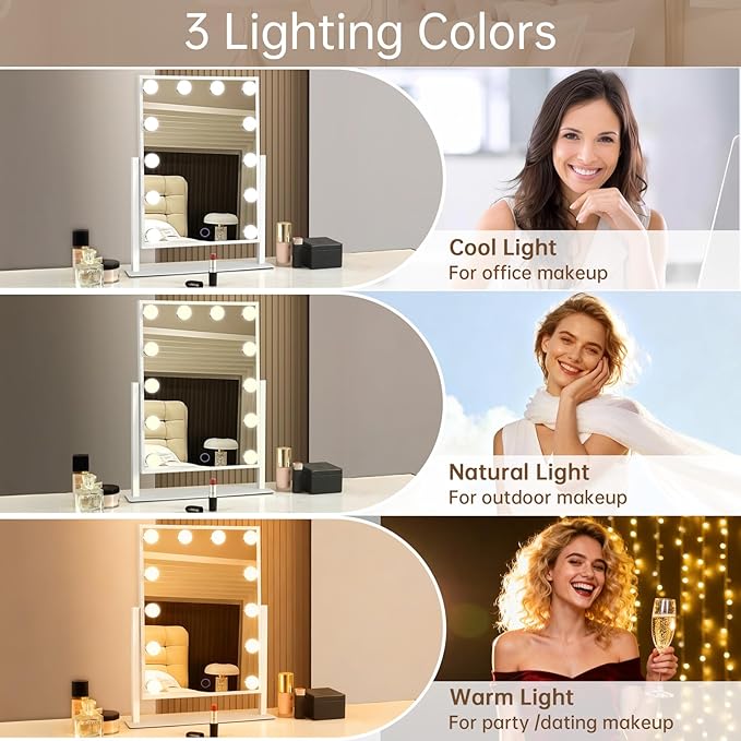 Hollywood Vanity Mirror with Lights 14" x 19", 10x Magnifying, 12 LED Bulbs, 3 Color Lights and 360° Rotation Desk Lighted Makeup Mirror for Bedroom Dresser College Dorm