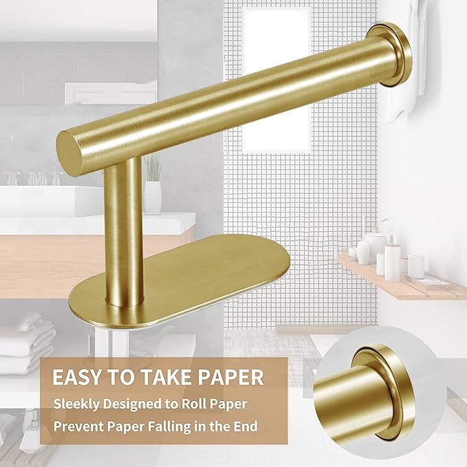JOPOFI Toilet Paper Holder - Self Adhesive Toilet Paper Holder Wall Mount for Bathroom, SUS 304 Stainless Steel Command Strip Toilet Paper Roll Holder Stick On Wall, No Drilling - Brushed Gold（2 Pcs）