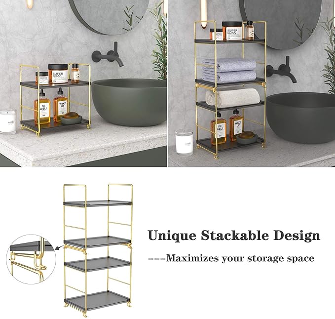 2-Tier Spice Rack Bathroom Organizer Countertop Storage Shelf, Cosmetic Storage Rack Standing Counter Shelf (Gold + Black)