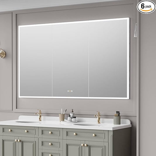 Recessed Medicine Cabinets for Bathroom with Mirror, Only Recessed Medicine Cabinet with Defogger, Dimmer, Outlets & USB, Three Doors