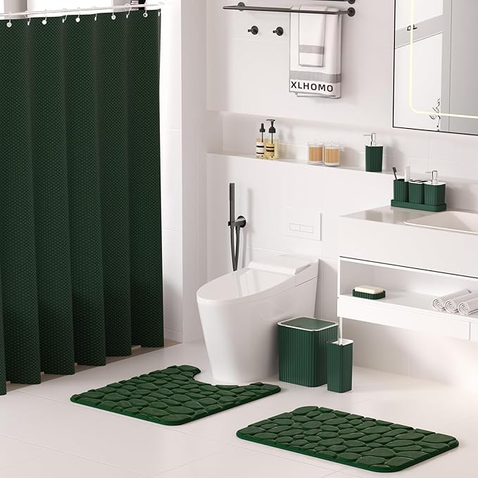 XLHOMO Bathroom Set- 25PC Green Bathroom Sets, Bathroom Set with Shower Curtain and Rugs, Dark Green Shower Curtain Set, Bathroom Accessories Set, Bathroom Trash Can