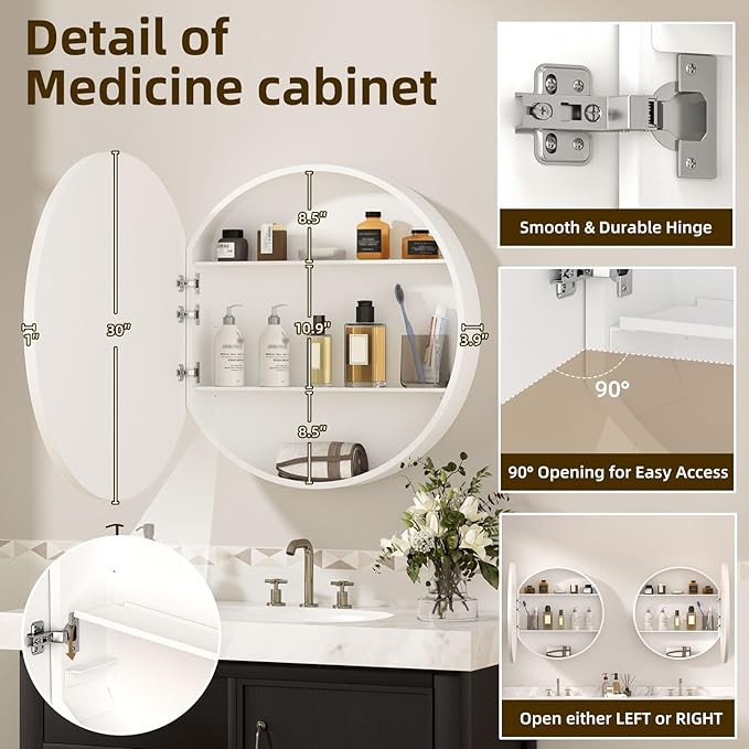 30 x 30 Inch Round White Mirror Medicine Cabinet Surface Mounted, Circular Modern Bathroom Medicine Cabinet with Mirror, Metal Framed Medicine Cabinets with Tempered Glass Mirror