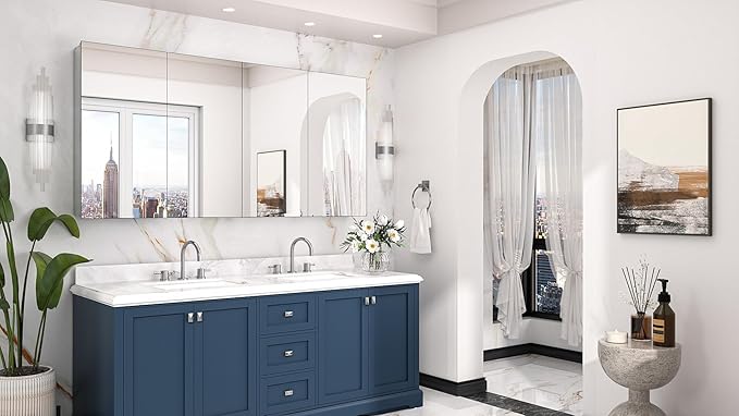 Keonjinn 64 x 32 Inch Medicine Cabinet, Assembly Required, Silver Bathroom Medicine Cabinets Mirror, Lightweight, Adjustable Shelves, Surface Mount or Recessed, Tempered Glass