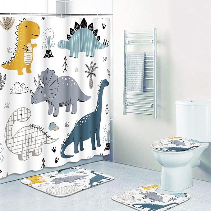 Britimes 4 Piece Shower Curtain Sets, Cartoon Dinosaur with Non-Slip Rugs, Toilet Lid Cover and Bath Mat, for Bathroom Decor Set, 72" x 72"