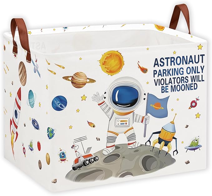 Outer Space Astronaut Nursery Basket with Inspirational Quotes ,Boy Planets Rocket Storage Bin for Baby Nursery Kids Bedroom Playroom Decor,Cute Shelf Basket Toy Box Bin (white)