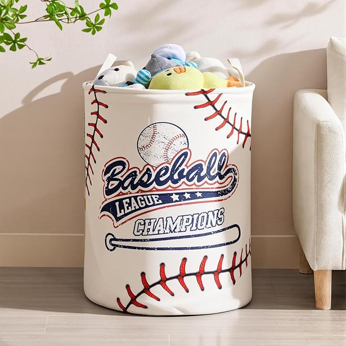 2Pcs Basketball Cute Kids Laundry Basket Baby Nursery Hamper Boys Room Decor Foldable Oxford Cloth Funny Tote Clothes Storage Bucket Organizer For Bedroom (Baseball)
