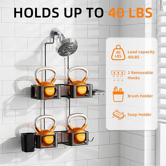 Epicano Hanging Shower Caddy for Handheld Showerheads, Anti-Swing Overhead ShowerCaddy with Removable Hooks & Holders for Razor, Sponge, Soap & Toothbrush, Stainless Steel, Black