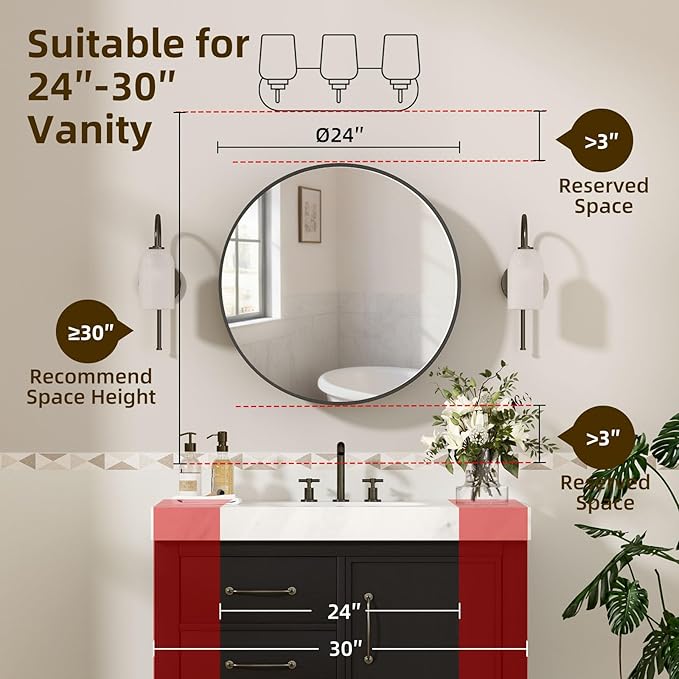 24 x 24 Inch Round Medicine Cabinet Mirror Black,Circular Bathroom Mirror with Storage Wall Mounted,Metal Framed Medicine Cabinets with Tempered Glass Adjustable Shelves for Bathroom Vanity