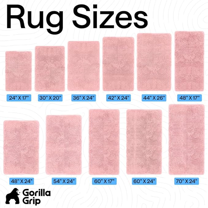 GORILLA GRIP Bath Rug Mat 44x26, Soft Absorbent Chenille, Quick Dry Microfiber Mats, Rubber Backing Washable Shower Floor Rugs, Bathmat Runner, US Designed Bathroom Home Decor Accessories Light Pink