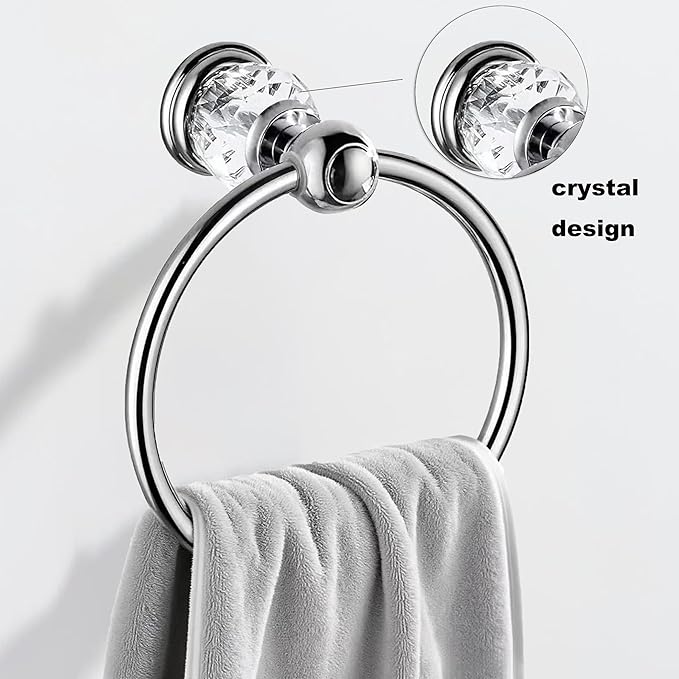 Chrome Towel Ring,Crystal Hand Towel Holder Bathroom,Silver Hand Towel Ring Round Rack Wall Mounted Bling Bathroom Accessories