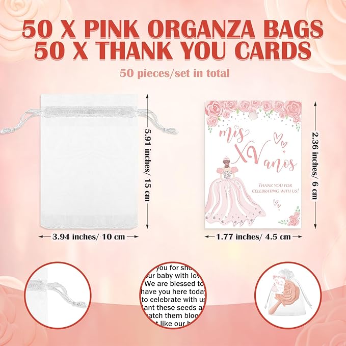 Sintuff 50 Sets Quinceañera Party Favors for Guests, 50 Pack Rose Compact Mirrors Bulk with Thank You Cards & Organza Bags, Souvenirs for Girls