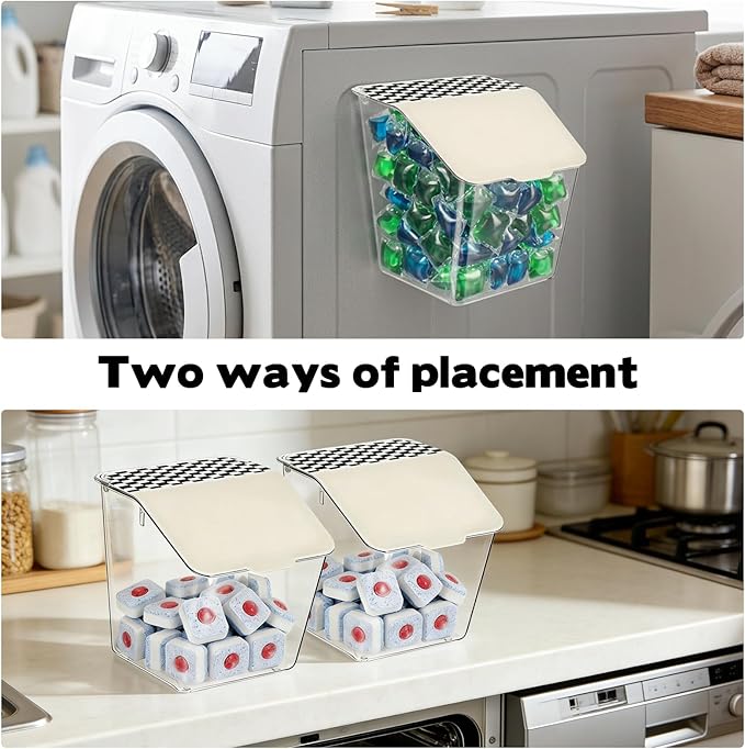 Rainmae 2 Pack Laundry Pods Container with Lids Wall-Mounted Dishwasher Pods Holder for Powder Dryer Balls and Scent Booster Beads Space Saving Plastic Storage Container for Laundry Room Organization