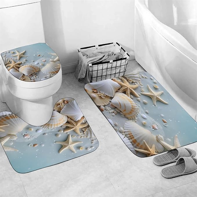 Chrainy 4Pcs Beach Grey Blue Shower Curtain Sets Sea Shell Bathroom Set Decor with Non-Slip Rugs Bath U-Shaped Mat Toilet Lid Cover Waterproof Starfish Bathroom Curtain Shower Set with 12 Hooks