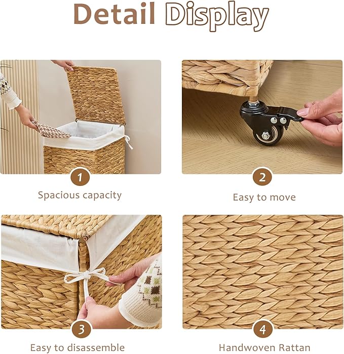 Handwoven Hamper with Lid, Laundry Basket with Wheels, Machine Washable Liner, Clothes Hamper for Bathroom Laundry Room Bedroom(Natural, 78L)