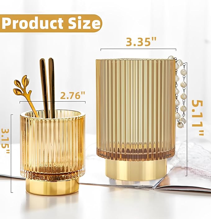 Makeup Brush Holder Organizer, Heavy Crystal Glass Brush Storage Holder, Vintage Cosmetic Make Up Bathroom Brushes Cup Pen Pencil Toothbrush Holder Striped Vase (S+L (amber))