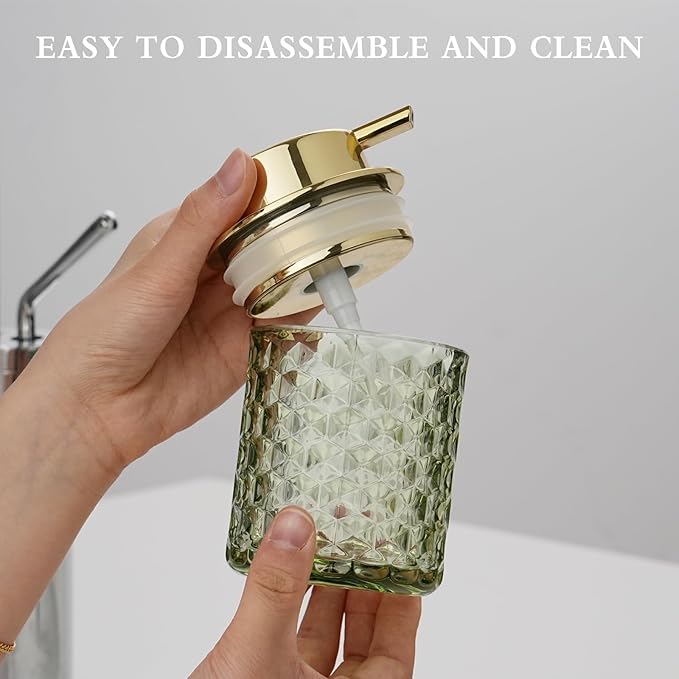 CICUFY Hand Soap Dispenser Glass, Refillable Liquid Dispenser for Bathroom & Kitchen,Lotion Dispenser with Large Gold Pump（Diamond Pattern-Green）