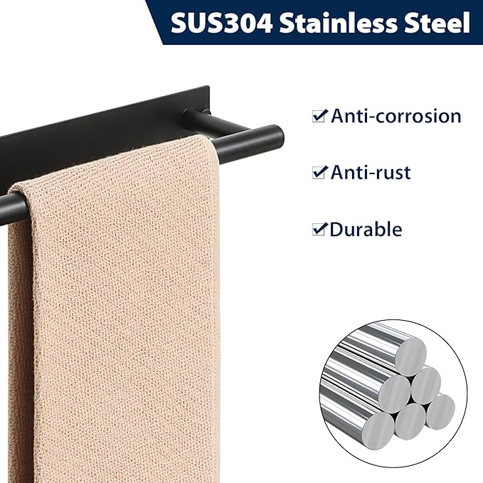 Alise Adhesive Towel Bar Black,Towel Racks for Bathroom Wall Mounted,Bathroom Towel Rack SUS304 Stainless Steel,Towel Holder for Kitchen/Bathroom Hardware Decoration,Sticky or Screw-Mounted,12 Inch