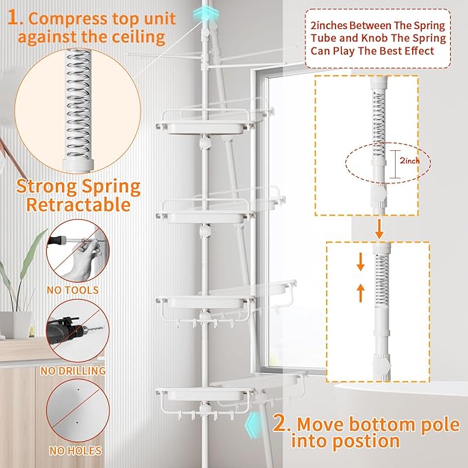 Upgrade Sturdy Shower Caddy Tension Pole Quick Installation Corner Shower Shelves 18/8 Stainless Steel Rustproof 4 Tier Adjustable Shower Rack for Bathtub Shampoo Accessories Storage 32-122inch