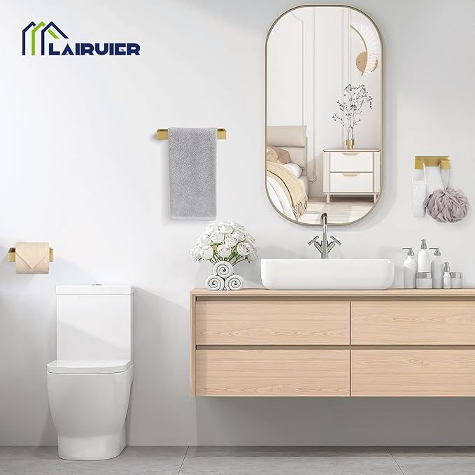 3 Pieces Brushed Gold Bathroom Hardware Accessories Set,SUS304 Stainless Steel Towel Holder Set Towel Holder Robe Hook Toilet Paper Holder Wall Mounted