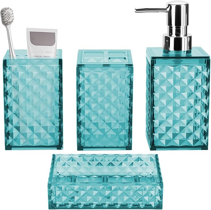 Bathroom Accessory Set, Grid Pattern 4 Pcs Plastic Bathroom Set Include Soap Dispenser, Soap Dish, Toothbrush Holder, Mousewash Cup, Modern Bahtroom D??cor Set(Light Blue)