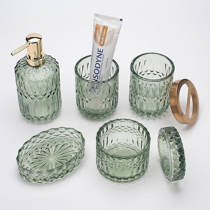 IVAILEX 5PCS Green Glass Bathroom Accessories Sets of Lotion Dispenser, Soap Dish, Toothbrush Holder, Tumbler, Cotton Swab Jars, Modern Bath Decor, Vintage Gift