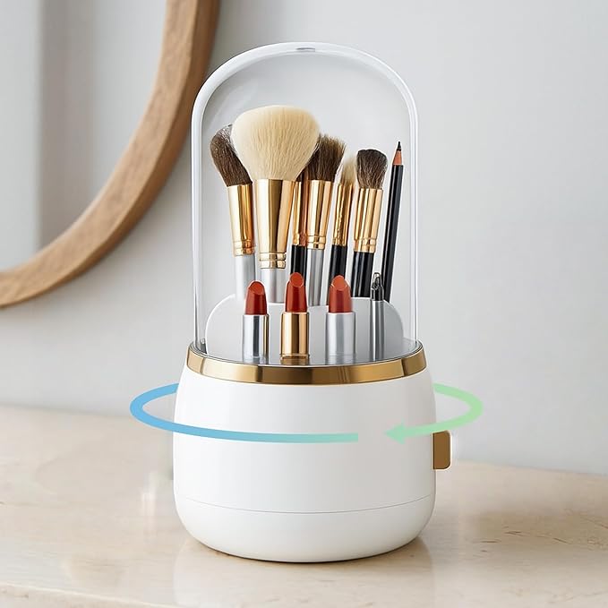 Toothbrush Holder with Lid Cosmetic Tools Organizer 360 Rotating 7-Slot Draining Waterproof Dustproof Make Up Brushes Toothbrush Storage for Dresser Vanity Bathroom Countertop