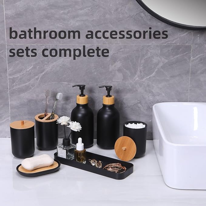 Matte Black Bathroom Accessories Set 9PCS,Bamboo Bathroom Accessories Sets Complete with Trash Can,Soap Dispenser and Toothbrush Holder Set,Toilet Brush,Qtip Holder,Vanity Tray,Soap Dish
