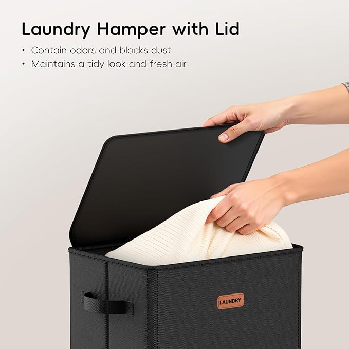 100L Laundry Hamper with Lid, Large Clothes Hampers with Removable Bag, Collapsible Laundry Basket for Bathroom, Bedroom, Laundry Room, Dorm, Black
