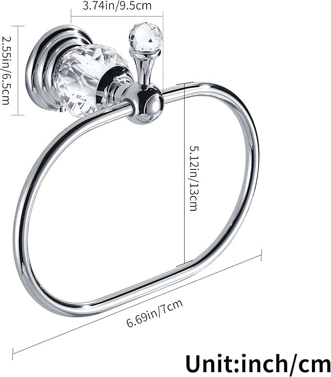 WOLIBEER Chrome Towel Ring,Crystal Hand Towel Holder,Bath Oval Hand Towel Rack Hanger Wall Mounted Bling Bathroom Accessories