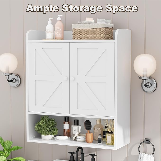 EasyCom 22" W x 26" H Bathroom Wall Cabinet, Farmhouse Medicine Cabinet with Adjustable Shelves and 2 Barn Doors, Over The Toilet Storage Cabinet for Bathroom,Kitchen,Living Room,White