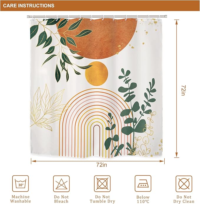 Riyidecor Mid Century 4Pcs Bathroom Shower Curtain Sets Abstract Aesthetic Geometric Bathroom Decor Set with Rugs and Accessories Modern Minimalist Toilet Lid Rug, Contour and Bath Mat with 12 Hooks