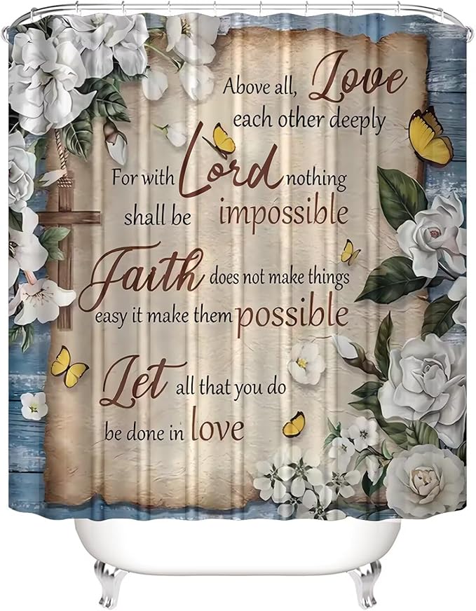 AZHM White Camellia Flower Shower Curtain Sets Inspirational Quotes with Yellow Butterfly Bathroom Decor Accessories Set with Rugs and 12 Hooks