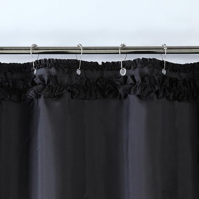 Ruffled Black Modern Polyester Fabric Cloth Bath Shower Curtain,Solid Boho Waterproof Decoratived Farmhouse Shower Curtains for Bathroom,72" W x 72" L