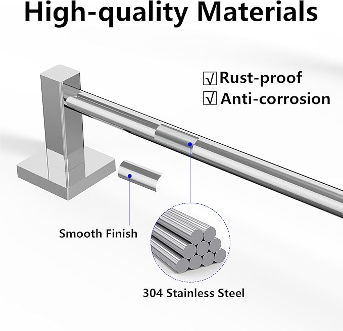 Towel Bar, Adjustable 12.7inch to 23.2inch Wall Mounted Towel Rack for Bathroom, Kitchen, SUS 304 Stainless Steel Towel Rod with Square Base (Chrome)