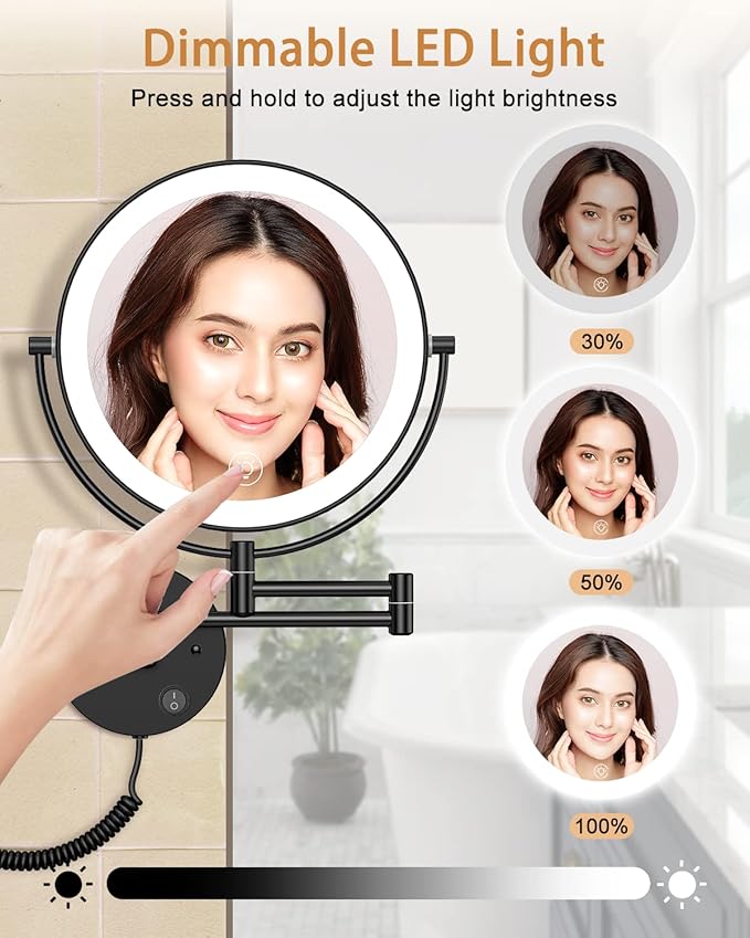 Benbilry 9" Large Wall Mounted Lighted Makeup Mirror, 1X/10X Magnifying 2-Sided AC Plug-in Powered Bathroom Mirror with 3 Color Lights, Touch Dimmable, Extended Arm 360° Rotation, 【Black】