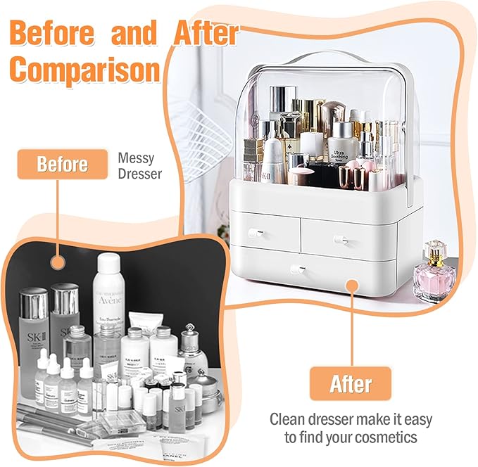 Skin Care Organizer Dustproof, Make Up Organizers and Storage with Lid, Skincare Organizers Preppy, Makeup Storage Box & Cosmetic Storage Box Waterproof for Vanity Countertop_White
