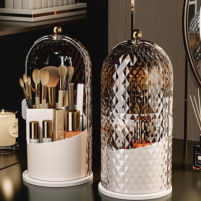 Makeup Brush Holder Organizer with Cover - 360?? Rotating Clear Dustproof Cosmetic & Skincare Storage for Vanity, Desktop, Bathroom Countertop (White)