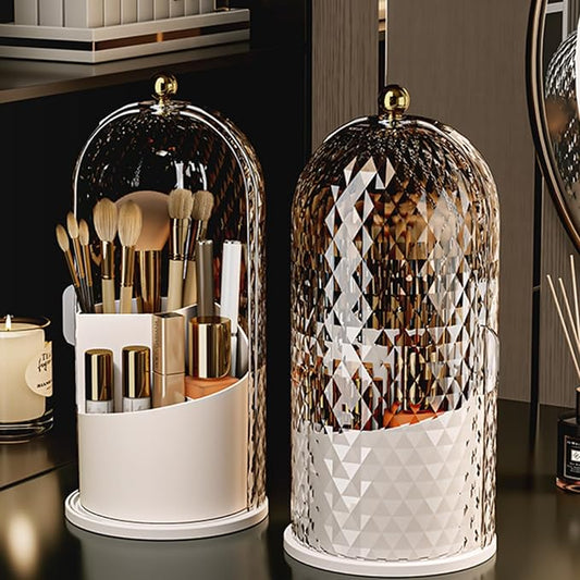 Makeup Brush Holder Organizer with Cover - 360?? Rotating Clear Dustproof Cosmetic & Skincare Storage for Vanity, Desktop, Bathroom Countertop (White)