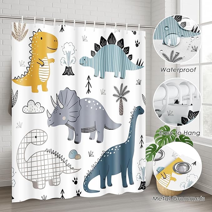 ArtSocket Dinosaur Bathroom Set with Shower Curtain and Rugs Accessories, Cute Kids Dino Dragon Shower Curtain, Kids Dinosaur Bathroom Decor 4 Pcs